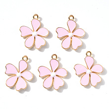 Honeyhandy Alloy Enamel Pendants, Flower, Light Gold, Pink, 20x18x3mm, Hole: 1.4mm