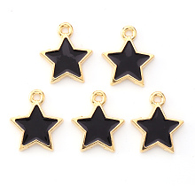 Honeyhandy Light Gold Plated Alloy Enamel Pendants, Star, Black, 14x12.5x1.5mm, Hole: 1.2mm