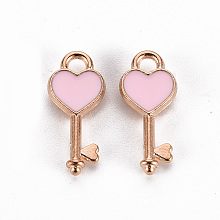 Honeyhandy Alloy Pendants, Cadmium Free & Lead Free, with Enamel, Heart Key, Light Gold, Pink, 16x7x2mm, Hole: 1.5mm