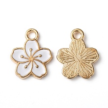 Honeyhandy Alloy Enamel Charms, Plum Blossom Flower, Light Gold, White, 14.5x12x1.5mm, Hole: 2mm