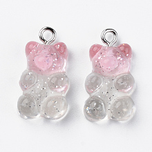 Honeyhandy Transparent Resin Pendants, with Glitter Powder and Platinum Tone Iron Loop, Bear, Pink, 21x11x7mm, Hole: 1.8mm