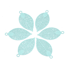 Honeyhandy 430 Stainless Steel Filigree Pendants, Spray Painted, Etched Metal Embellishments, Leaf, Pale Turquoise, 38x19x0.4mm, Hole: 2.4mm