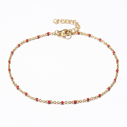 Honeyhandy 304 Stainless Steel Cable Chain Anklets, with Enamel Links, Golden, Red, 9 inch(23cm), 1.5~2mm