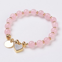 Honeyhandy Natural Rose Quartz Beads Stretch Bracelets, with Electroplate Natural Druzy and Brass Findings, Heart and Flat Round, 2-1/8 inch(5.5cm), Charms: 12~13x12x1~7mm