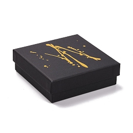 Honeyhandy Hot Stamping Cardboard Jewelry Packaging Boxes, with Sponge Inside, for Rings, Small Watches, Necklaces, Earrings, Bracelet, Square, Black, 9.15x9.15x2.9cm