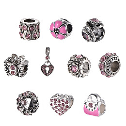 Mixed Shapes Alloy Glass Rhinestone European Beads, Light Rose, 10~26x9~12x1~10.5mm, Hole: 4.5~5mm; 10pcs/set