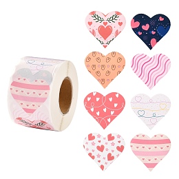 Honeyhandy Valentine's Day Theme Paper Gift Tag Stickers, 8 Style Heart Shape Adhesive Labels Roll Stickers, for Party, Decorative Presents, Colorful, 4.1cm, about 500pcs/roll