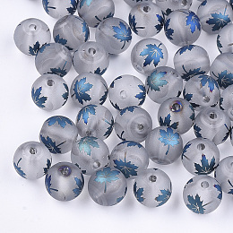 Honeyhandy Autumn Theme Electroplate Transparent Glass Beads, Frosted, Round with Maple Leaf Pattern, Steel Blue, 8~8.5mm, Hole: 1.5mm