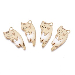 Honeyhandy Printed Alloy Pendants, Cadmium Free & Nickel Free & Lead Free, Light Gold, Cat, Blanched Almond, 30x15x1.5mm, Hole: 2mm