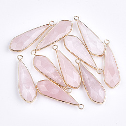 Honeyhandy Natural Rose Quartz Pendants, with Brass Findings, Faceted, Drop, Golden, 36~39x11.5x5.5~7mm, Hole: 2mm