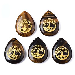 Honeyhandy Natural Tiger Eye Pendants, Teardrop with Tree of Life Pattern, 32~33.5x25~26x6.5~7.5mm, Hole: 2mm, 6pcs/bag