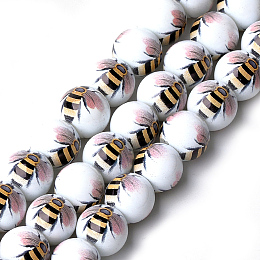 NBEADS Printed & Spray Painted Glass Beads, Round with Bee Pattern, RosyBrown, 12~12.5x11.5mm, Hole: 1.4mm