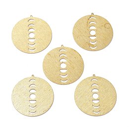 Honeyhandy Brass Pendants, DIY Accessories, for Bracelets, Earrings, Necklaces, Flat Round with Moon, Hollow, Raw(Unplated), 42x40x0.6mm, Hole: 1.2mm