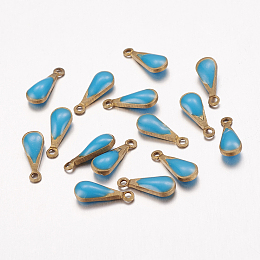 Honeyhandy Antique Golden Plated Brass Enamel Teardrop Charms, Enamelled Sequins, Medium Turquoise, 11x4x3mm, Hole: 1mm