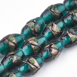 Honeyhandy Handmade Gold Sand Lampwork Beads, Drum, Dark Cyan, 15~18x10~12mm, Hole: 1.5~2mm