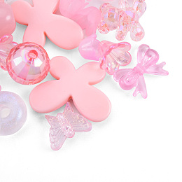 Opaque & Transparent Acrylic Beads, Mixed Shapes, Pink, 7.5~33x7.5~43.5x4.5~16mm, Hole: 1.2~4mm, about 470pcs/500g