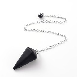 Honeyhandy Platinum Tone Brass Black Agate Cone Dowsing Pendulum Pendants, with Lobster Claw Clasps, 230x3mm