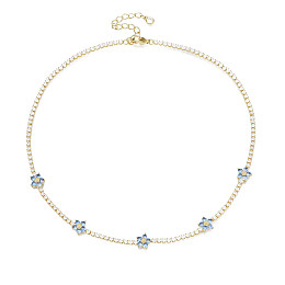 Honeyhandy Cubic Zirconia Classic Tennis Necklace with Flower Links, Golden Brass Jewelry for Women, Light Sky Blue, 14.37 inch(36.5cm)