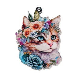 Honeyhandy Cartoon Animal Printed Acrylic Pendants Decorations, Cat Shape, 43x29.5x2mm, Hole: 1.6mm