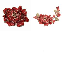 Nbeads 2Pcs 2 Style Peony Polyester Embroidery Sew on Clothing Patches, Flower Applique, Sewing Craft Decoration, Dark Red, 90~215x113~182x1~1.5mm, 1pc/style
