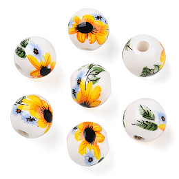 Honeyhandy Handmade Porcelain Beads, Round with Sunflower Pattern, White, 10mm, Hole: 2mm