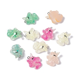 Honeyhandy Translucent Resin Pendants, Glitter Unicorn Charms, with Platinum Tone Iron Loops, Mixed Color, 28x23x8mm, Hole: 2mm