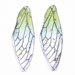 Honeyhandy Transparent Epoxy Resin Big Pendants, with Gold Foil, Insects Wing, Light Green, 51x16.5x1~2.5mm, Hole: 1.2mm