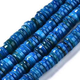 Honeyhandy Natural Freshwater Shell Beads Strands, Dyed, Flat Round/Dics, Heishi Beads, Steel Blue, 6x6x1~2.5mm, Hole: 1mm, about 201~208pcs/strand, 15.20~15.43 inch(38.6~39.2cm)