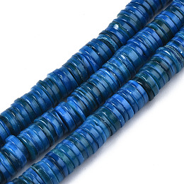 Honeyhandy Natural Freshwater Shell Beads Strands, Dyed, Heishi Beads, Flat Round/Disc, Marine Blue, 8x1~2.5mm, Hole: 0.8mm, about 196~210pcs/strand, 15.16 inch~15.43 inch(38.5cm~39.2cm)
