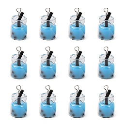 Honeyhandy Glass Bottle Pendants, with Resin Inside and Iron Findings, Imitation Bubble Tea/Boba Milk Tea, Sky Blue, 20~25x11~14x11mm, Hole: 1.8mm