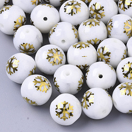 Honeyhandy Christmas Opaque Glass Beads, Round with Electroplate Snowflake Pattern, Golden Plated, 10mm, Hole: 1.2mm