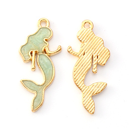 Honeyhandy Alloy Enamel Pendants, Mermaid, Light Gold, Light Green, 29x12.5x2mm, Hole: 1.4mm