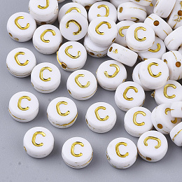 Honeyhandy Plating Acrylic Beads, Golden Metal Enlaced, Horizontal Hole, Flat Round with Alphabet, White, Letter.C, 7x3.5mm, Hole: 1.2mm, about 360pcs/50g