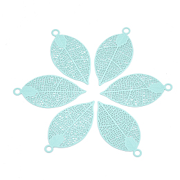 Honeyhandy 430 Stainless Steel Filigree Pendants, Spray Painted, Etched Metal Embellishments, Leaf, Pale Turquoise, 38x19x0.4mm, Hole: 2.4mm