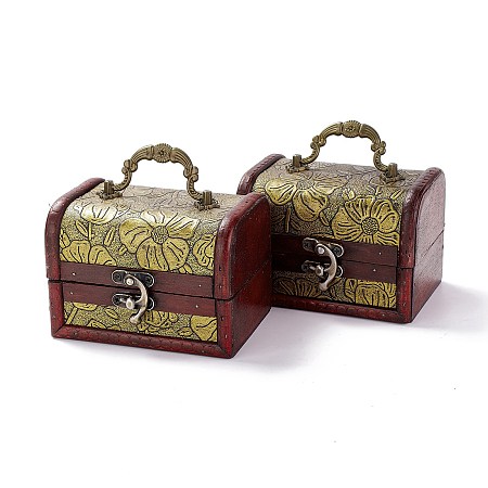 Honeyhandy Vintage Wooden Jewelry Box, Pu Leather Decorative Treasure Chest Boxes, with Carry Handle and Latch, Rectangle with Lotus Pattern, Light Khaki, 11.9x9.05x9cm