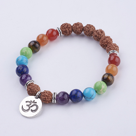 Honeyhandy Yoga Chakra Jewelry, Gemstone and Bodhi Wood Stretch Charm Bracelets, with Tibetan Style Alloy Pendant, Om Symbol, 51mm, about 22pcs/strand