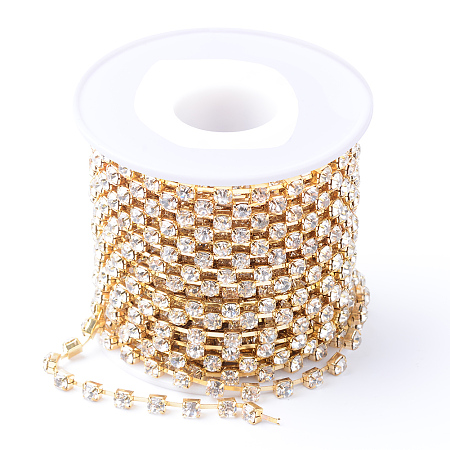 Honeyhandy Brass Rhinestone Strass Chains, with Spool, Rhinestone Cup Chains, Raw(Unplated), Nickel Free, Crystal, 2.3~2.4mm, about 10yards/roll