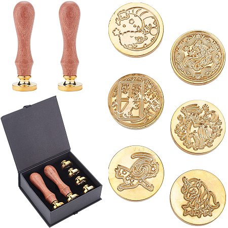 CRASPIRE Wax Seal Stamp Set, 6 Pieces Vintage Sealing Wax Stamps Copper Seals 2 Wooden Handle, Wax Stamp Kit for Wedding Invitations Cards Envelopes Wine Packages-Animal Series