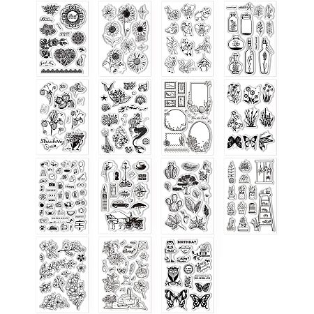 GLOBLELAND 15 Sheets Silicone Clear Stamps for Card Making Decoration and DIY Scrapbooking(Sunflower, Insect, Plant Flower, Strawberry, Cherry Blossom etc)