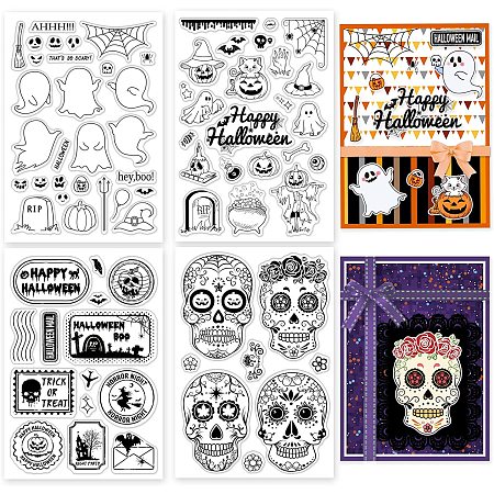 GLOBLELAND 4Pcs Halloween Clear Stamp Ghosts Silicone Clear Stamp Skeletons Scarecrow Pumpkins Rubber Stamps for Scrapbook Journal Card Making 4.3 x 6.3 Inch