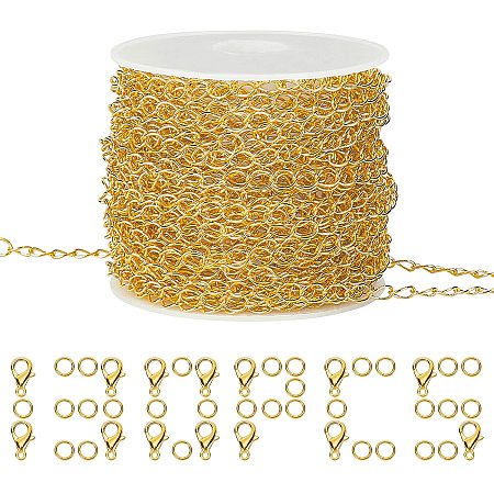 SUNNYCLUE 33 Feet Curb Cable Chain Link Necklace Twisted Links 5x4x0.5mm Jewelry Chain with 30 Brass Lobster Claw Clasps, 100 Jump Rings for Jewelry Bracelet Necklace Making, Golden