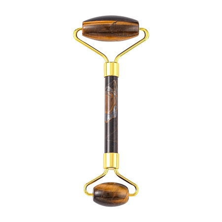 Honeyhandy Natural Tiger Eye Face Massager, Facial Rollers, with Long-Lasting Plated Alloy Findings, Golden, 149~151x57~60x19~20mm