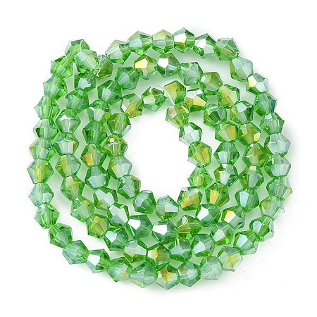 Honeyhandy Transparent Glass Beads, AB Color Plated, Faceted Bicone, Lime Green, 4x4mm, Hole: 1mm, about 92~96pcs/strand, 13.78~14.37 inch