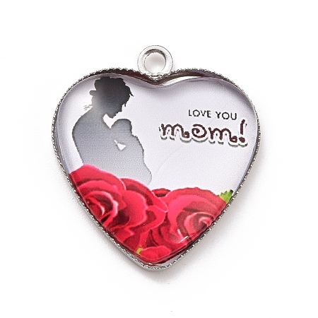 Honeyhandy Mother's Day Alloy Pendants, with Glass, Platinum, Heart Charm with Word Mom, Cerise, 23x20.5x4mm, Hole: 2mm