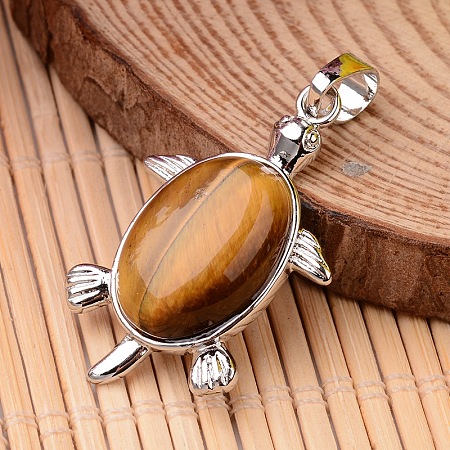 Honeyhandy Tortoise Platinum Tone Brass Tiger Eye Pendants, 34x21x7mm, Hole: 5x7mm