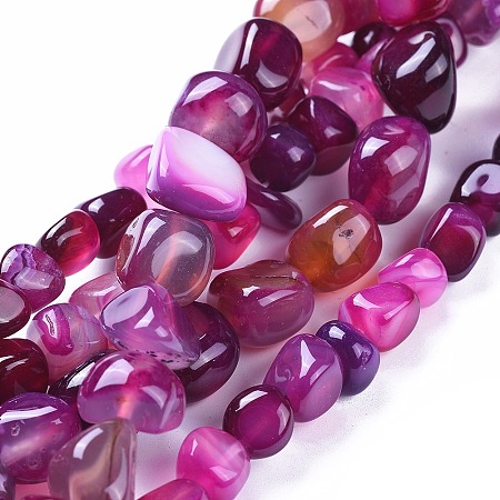 Natural Agate Beads Strands, Dyed & Heated, Tumbled Stone, Nuggets, Magenta, 3~15x7~15x7~15mm, Hole: 1mm; about 42~44pcs, 14.56~14.76 inches(37~37.5cm)