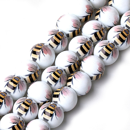 NBEADS Printed & Spray Painted Glass Beads, Round with Bee Pattern, RosyBrown, 12~12.5x11.5mm, Hole: 1.4mm
