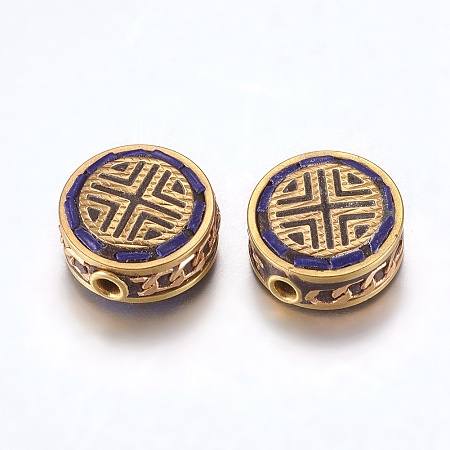 Honeyhandy Handmade Indonesia Beads, with Brass Findings, Nickel Free, Flat Round, Raw(Unplated), Blue, 15~16x7~8mm, Hole: 2mm