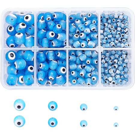 NBEADS About 390pcs Evil Eye Beads, 4 Sizes Handmade Round Lampwork Beads Charms Spacer Beads for Bracelets Necklace Jewelry Making