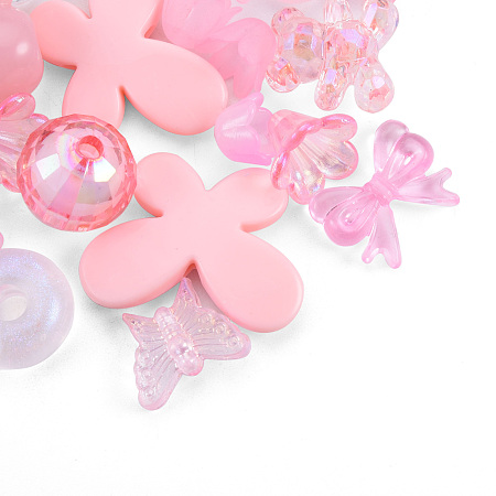 Opaque & Transparent Acrylic Beads, Mixed Shapes, Pink, 7.5~33x7.5~43.5x4.5~16mm, Hole: 1.2~4mm, about 470pcs/500g